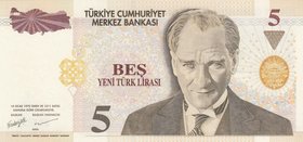 Turkey, 5 New Turkish Lira, 2005, UNC, p217, 8/1. Emission, "A01"RADAR
Serial number: A01 738837, a portrait of Turkey's founder Mustafa Kemal Atatur...