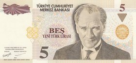 Turkey, 5 New Turkish Lira, 2005, UNC, p217, 8/1. Emission, RADAR
Serial number: D20 774477, a portrait of Turkey's founder Mustafa Kemal Ataturk
Es...