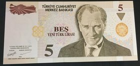 Turkey, 5 New Turkish Lira, 2005, UNC, p217, 8/1. Emission, "E90"
Serial number: E90 307645, a portrait of Turkey's founder Mustafa Kemal Ataturk
Es...