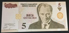 Turkey, 5 New Turkish Lira, 2005, UNC, p217, 8/1. Emission, "B90"
Serial number: B90 337854, a portrait of Turkey's founder Mustafa Kemal Ataturk
Es...