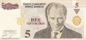 Turkey, 5 New Turkish Lira, 2005, UNC, p217, 8/1. Emission, "D01"
Serial number: D01 656682, a portrait of Turkey's founder Mustafa Kemal Ataturk, fi...