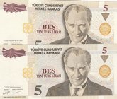 Turkey, 5 New Turkish Lira, 2005, UNC, p217, 8/1. Emission, TWIN NUMBERS, (Total 2 banknotes)
serial numbers: A47 744999 ve D21 744999, a portrait of...