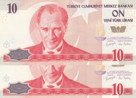 Turkey, 10 New Turkish Lira, 2005, UNC, p218, 8/1. Emission, (Total 2 consecutive banknotes)
Serial numbers: A59 556708- 09, a portrait of Turkey's f...