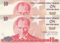 Turkey, 10 New Turkish Lira, 2005, UNC, p218, 8/1. Emission, (Total 2 consecutive banknotes)
Serial numbers: F45 065526-27, a portrait of Turkey's fo...