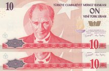 Turkey, 10 New Turkish Lira, 2005, UNC, p218, 8/1. Emission, (Total 2 banknotes)
Serial numbers: A06 338092 and A06 338096, a portrait of Turkey's fo...