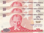 Turkey, 10 New Turkish Lira, 2005, UNC, p218, 8/1. Emission, (Total 3 consecutive banknotes)
Serial numbers: F45 065622-4, a portrait of Turkey's fou...