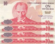 Turkey, 10 New Turkish Lira, 2005, UNC, p218, 8/1. Emission, (Total 4 banknotes)
Serial numbers: F45 065532-4 and F45 065536, a portrait of Turkey's ...