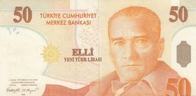 Turkey, 50 New Turkish Lira, 2005, XF, p220, 8/1. Emission
Serial number:A13 809638, a portrait of Turkey's founder Mustafa Kemal Ataturk
Estimate: ...