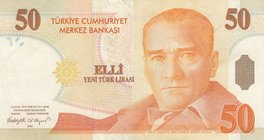 Turkey, 50 New Turkish Lira, 2005, XF, p218, 8/1. Emission, "A90"
Serial number: A90 853441, a portrait of Turkey's founder Mustafa Kemal Ataturk, "A...