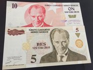 Turkey, 5 Turkish Lira and 10 New Turkish Lira, 2005, UNC, p217 / p218, 8/1. Emission, (Total 2 banknotes)
Serial numbers: C82 903653 and A06 338095,...