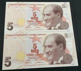 Turkey, 5 Lira, 2009, UNC, p222a, 9/1. Emission, (Total 2 banknotes)
serial numbers: A356 361288 and A356196610, a portrait of Turkey's founder Musta...