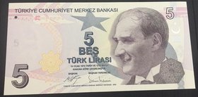 Turkey, 5 Lira, 2009, UNC, p222a, 9/1. Emission, LOW NUMBER
serial number: C130 000776, a portrait of Turkey's founder Mustafa Kemal Ataturk
Estimat...