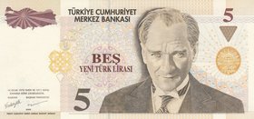 Turkey, 5 Lira, 2009, UNC, p222a, 9/1. Emission, LOW NUMBER
serial number: C115 000398, a portrait of Turkey's founder Mustafa Kemal Ataturk
Estimat...