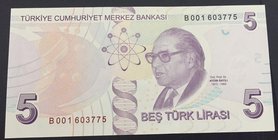 Turkey, 5 Lira, 2013, UNC, p222b, 9/2. Emission, "B001" first prefix.
serial number: B001 603775, a portrait of Turkey's founder Mustafa Kemal Atatur...