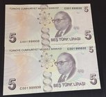 Turkey, 5 Lira, 2017, UNC, p222c, 9/3. Emission, "C001" and Twin serial number, (Total 2 banknotes)
serial numbers: C001 899930 and C001 999930, a po...