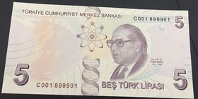 Turkey, 5 Lira, 2017, UNC, p222c, 9/3. Emission, "C001" first prefix.
serial number: C001 899901, a portrait of Turkey's founder Mustafa Kemal Atatur...