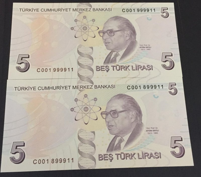 Turkey, 5 Lira, 2017, UNC, p222c, 9/3. Emission, "C001", (Total 2 banknotes)
se...