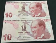 Turkey, 10 Lira, 2009, UNC, p223a, 9/1. Emission, (Total 2 banknotes)
serial numbers: A275 941730 and A276 432423, a portrait of Turkey's founder Mus...