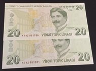 Turkey, 20 Lira, 2009, UNC, p224a, 9/1. Emission, (Total 2 consecutive banknotes)
serial numbers: A742 951780 and A742 951781, a portrait of Turkey's...