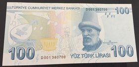 Turkey,100 Lira, 2017, UNC, p227c, 9/3. Emission, "D001" first prefix.
serial number: D001 360700, a portrait of Turkey's founder Mustafa Kemal Atatu...