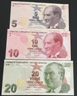 Turkey, 5 Lira, 10 Lira and 20 Lira, 2017, UNC, p222c/p223c/p224c, 9/3. Emission, "C" prefix, (Total 3 banknotes)
serial numbers: C249 049744, C374 4...