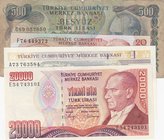 Turkey, 20 Lira, 500 Lira, 20.000 Lira and 1 New Turkish Lira, POOR / UNCL, (Total 4 banknotes)
20 Lira UNCl (F76), 500 Lira poor (B69), 20.000 Lira ...