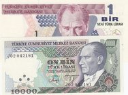 Turkey, 10.000 Lira, 1 New Turkish Lira, 1993/ 2005, UNC, p200 / p216, (Total 2 banknotes)
serial numbers: J02 042181 and A27 695321, a portrait of T...