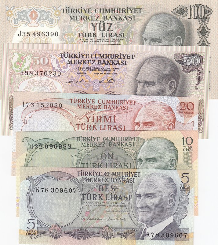 Turkey, 5 Lira, 10 Lira, 20 Lira, 50 Lira and 100 Lira, 1976/1983, UNC, 6. Emisy...