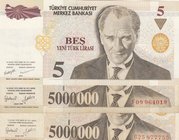 Turkey, 5.000.000 Lira (2) ve 5 New Turkish Lira, 1997/2005, XF / UNC, p210/p217, 7. Emission and 8. Emission, (Total 3 banknotes)
serial numbers: F0...