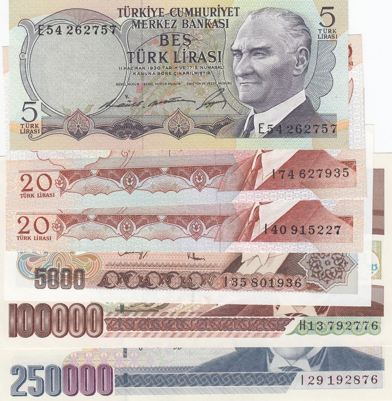 Turkey, 5 Lira, 20 Lira (2), 5.000 Lira, 100.000 Lira and 250.000 Lira, AIUNC / ...