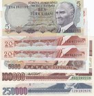 Turkey, 5 Lira, 20 Lira (2), 5.000 Lira, 100.000 Lira and 250.000 Lira, AIUNC / UNC
serial numbers: E54, I74, I40, I35, H13 and I29, only "I40" aunc,...