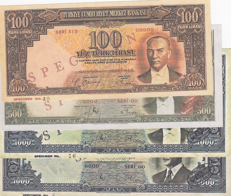 Turkey, 2. Emission COPY banknotes set
100 Lira, 500 Lira and 1000 Lira, İsmet ...