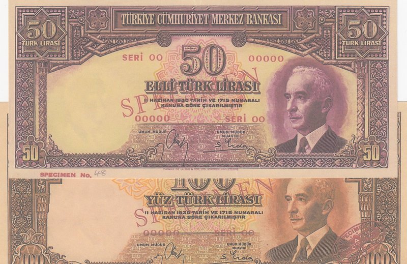 Turkey, 2. Emission, Interim Issiu, COPY banknotes set
50 Lira and 100 Lira, İs...