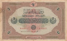 Turkey, Ottoman Empire, 5 Lira, 1915, XF (-), p70a, Talat / Janko
V. Mehmed Reşad period, AH: 1331, sign: Talat / Janko, serial number: B 048973
Est...