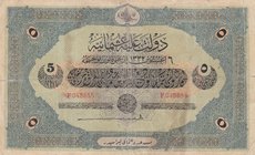 Turkey, Ottoman Empire, 5 Lira, 1916, VF, p91, Talat / Janko
V. Mehmed Reşad period, AH: 1332, sign: Talat / Janko, serial number: F 048655, natural...