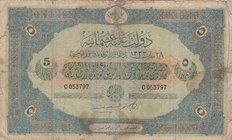 Turkey, Ottoman Empire, 5 Lira, 1917, FINE, p104, Cavid / Hüseyin Cahid
VI. Mehmed Vahdeddin period, sign: Cavid / Hüseyin Cahid, AH:1333, serial num...