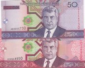 Turkmenistan, 50 Manat and 100 Manat, 2005, UNC, p17/p18, (Total 2 banknotes)
serial numbers: AB 9354730 ve AC 2048950
Estimate: $ 10-20