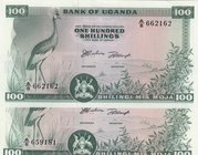 Uganda, 100 Shillings, 1966, UNC, p5a, (Total 2 Banknotes)
serial numbers: A/8 662162 and A/8 659181, Uganda Traditional Bird of Crowned Crane
Estim...