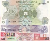 Uganda, 5 Shilings, 10 Shilings and 50 Shilings, UNC, p15/ p16/ p18a, (Total 3 Banknotes)
serial numbers: A29 178468, A20 309468 and LY618052
Estima...