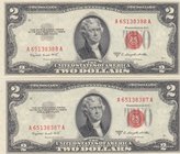 United States of America, 2 Dollars, 1953, UNC, p380b, (Total 2 consecutive banknot) 
serial numbers: A 65138387-8, Thomas Jefferson portrait at cent...