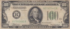 United States of America, 100 Dollars, 1934, VF (-), p433D 
serial number: B07905440A, Benjamin Franklin portrait at center
Estimate: $ 150-300