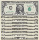 Unıted States of America, 1 Dollar (9), 1963/1977/1985/1988/1995, UNC, p443/p462/p474/p496, NICE NUMBERS, (Total 9 banknotes)
serial numbers: 0111011...
