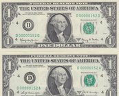 Unıted States of America, 1 Dollar (2), 1963/1969, UNC, P443/p449, VERY LOW SERIAL NUMBER and TWIN NUMBERS, (Total 2 banknotes)
serial numbers: D 000...