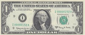 Unıted States of America, 1 Dollar, 1963, UNC, p443, VERY LOW SERIAL NUMBER
serial number: I 00000152 A, Goerge Washington portrait at center, very l...