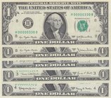 Unıted States of America, 1 Dollar (5), 1963/1969/1977, UNC, p443/p449/p462, LOW SERIAL NUMBER and TWIN NUMBERS LOT, (Total banknotes)
The serial num...