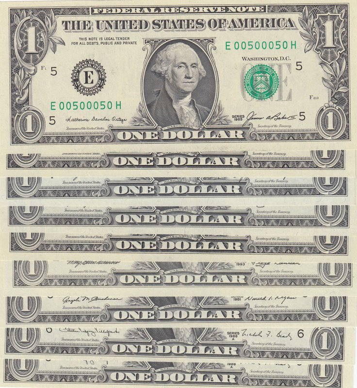 Unıted States of America, 1 Dollar (9), 1969/1977/1981/1985/1988/1993, UNC, p449...