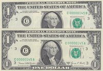 Unıted States of America, 1 Dollar (2), 1969, UNC, p449, VERY LOW SERIAL NUMBER and TWIN NUMBERS, (Total 2 banknotes)
serial numbers: C 00000145 A an...