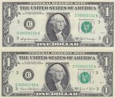 Unıted States of America, 1 Dollar (2), 1969, UNC, p449, VERY LOW SERIAL NUMBER and TWIN NUMBERS, (Total 2 banknotes)
serial numbers: C 00000152 A an...