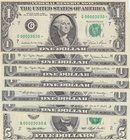 Unıted States of America, 1 Dollar (7), 1969/1974/1977/1981/1993, UNC, p449/p455/p462/p468/p490, LOW SERIAL NUMBER and TWIN NUMBERS LOT, (Total 7 bank...