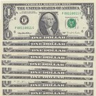 Unıted States of America, 1 Dollar (9), 1974/1977/1981/1988/1995, UNC, p455/p462/p468/p480/p496, NICE NUMBERS, (Total 9 banknotes)
serial numbers: 00...